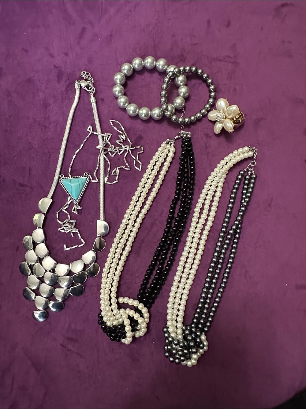 Curated Jewelry Bundle: 5-Piece Faux Peals, Turquoise Lariat, Modern Bib, NWOT